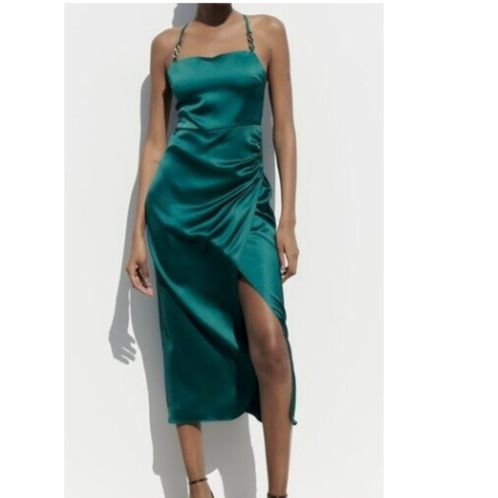 Zara Women's Emerald Green Satin Dress Size M Style  8741/899/445